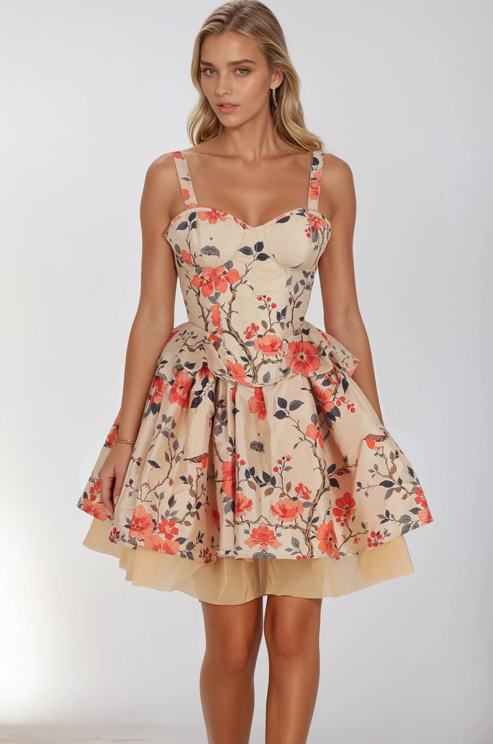 Azriel Beige Crimson Floral Corset Co-ord Set