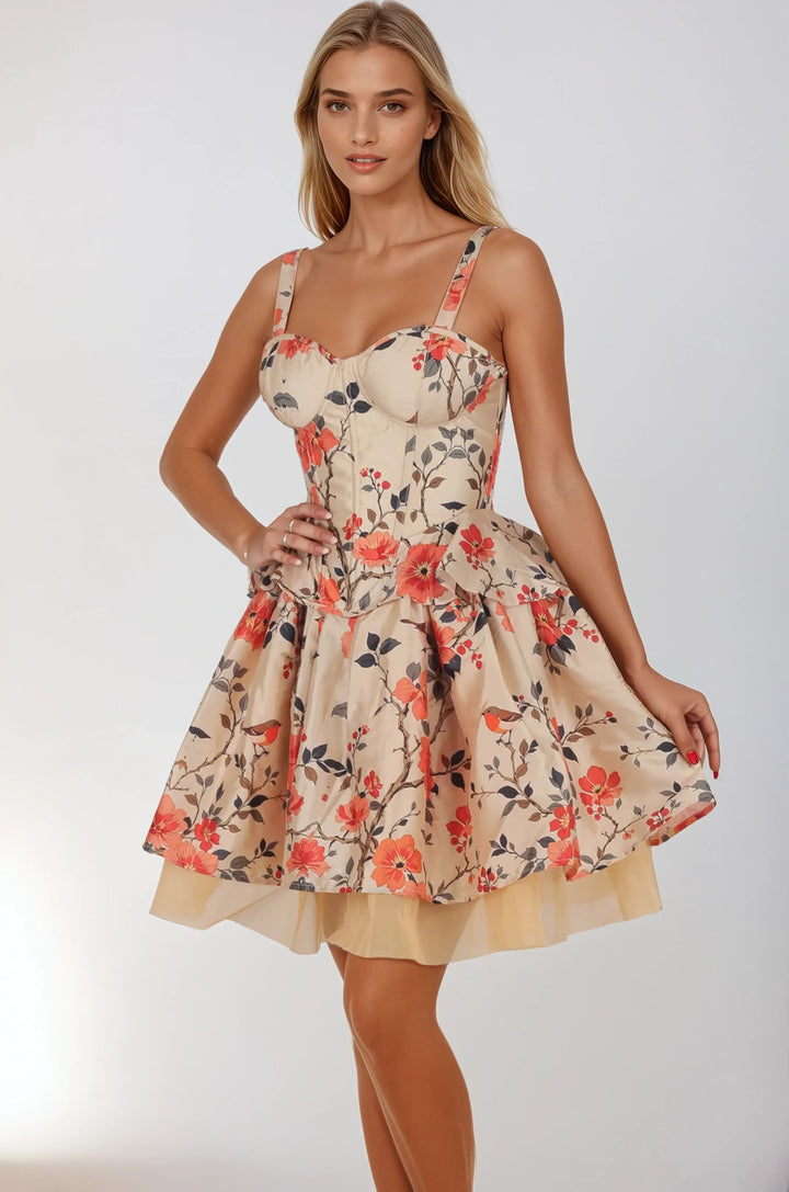 Azriel Beige Crimson Floral Corset Co-ord Set