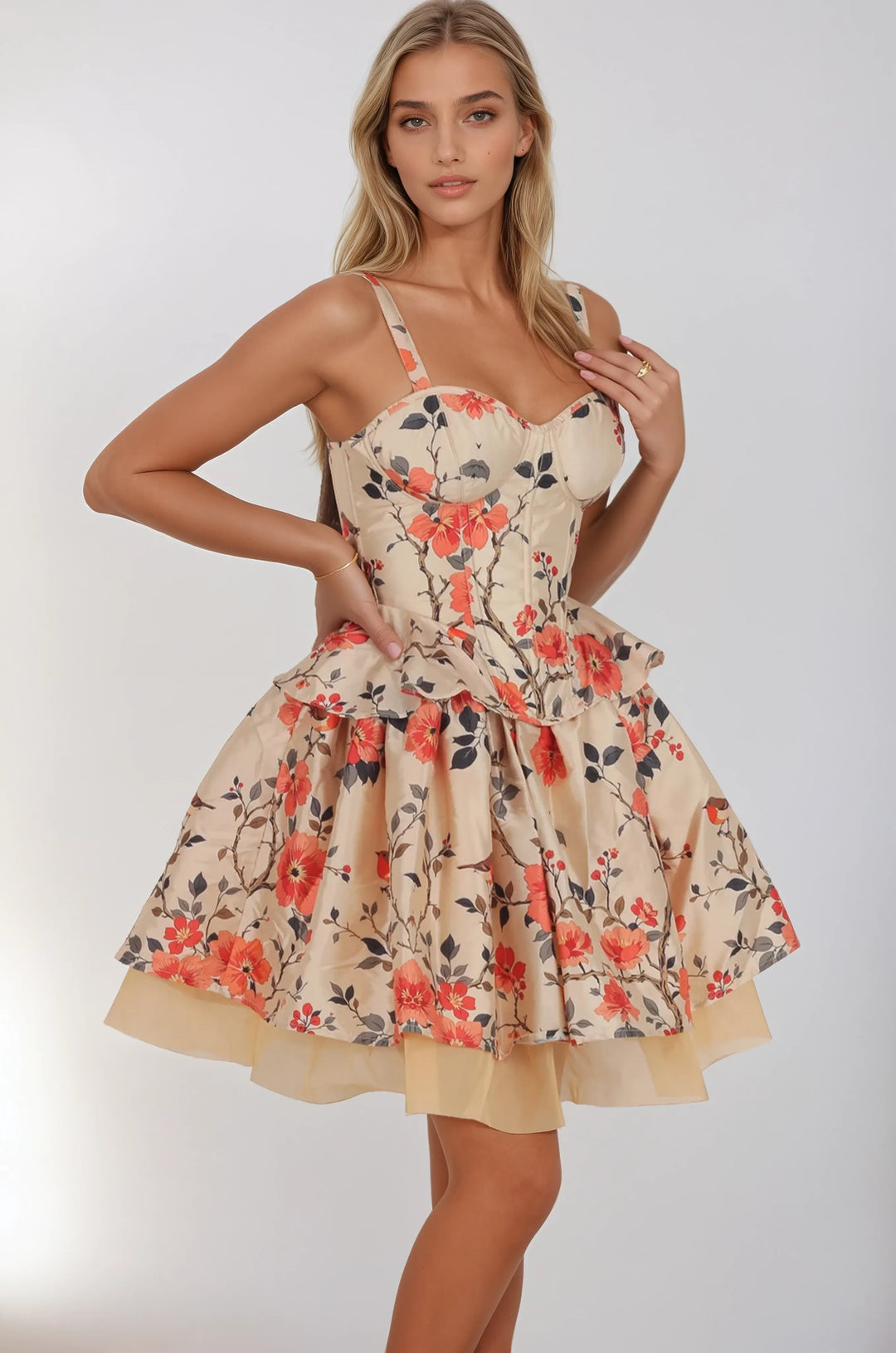 Azriel Beige Crimson Floral Corset Co-ord Set
